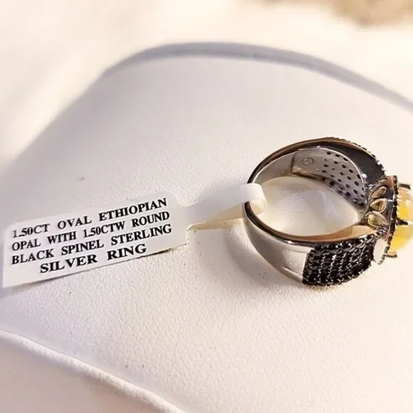 Ethiopian Opal ✦ Black Spinel Ring ✦ 925 Rhodium Oval Fire Gemstone Sz 5 NWT - Picture 5 of 6